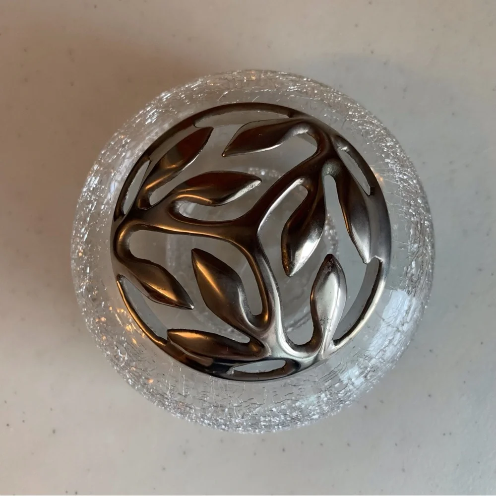 Vintage Pier 1 Clear Crackle Glass Bowl Vase With  Silver Tone Pewter Lid - Picture 3 of 8